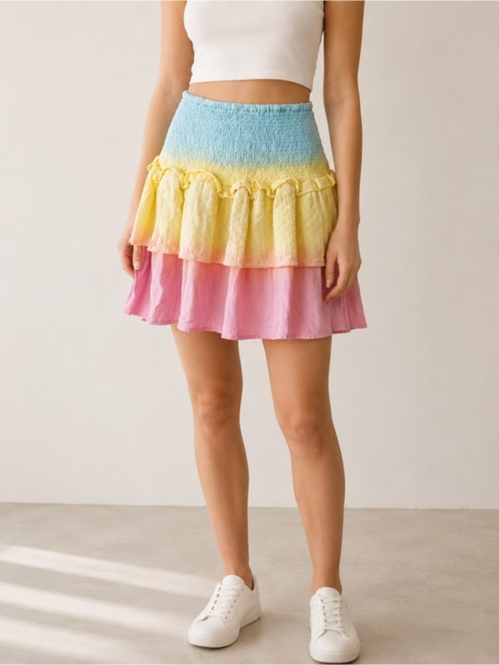 Cecilie Copenhagen Nola Tie Dye Smocked Tiered Cotton Summer Festival Mini Skirt